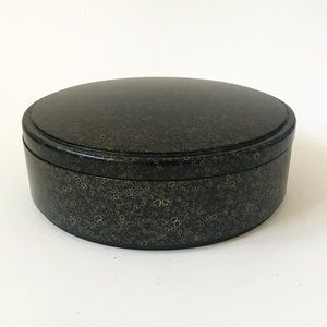 Vintage Black Lacquer Round Lidded Box with Gold Pattern Details